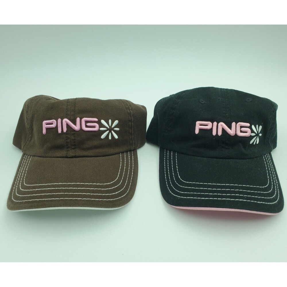 Lot of 2 Lady Ping Hat Cap Women Adjustable Black Pink Brown Strapback Hook Loop